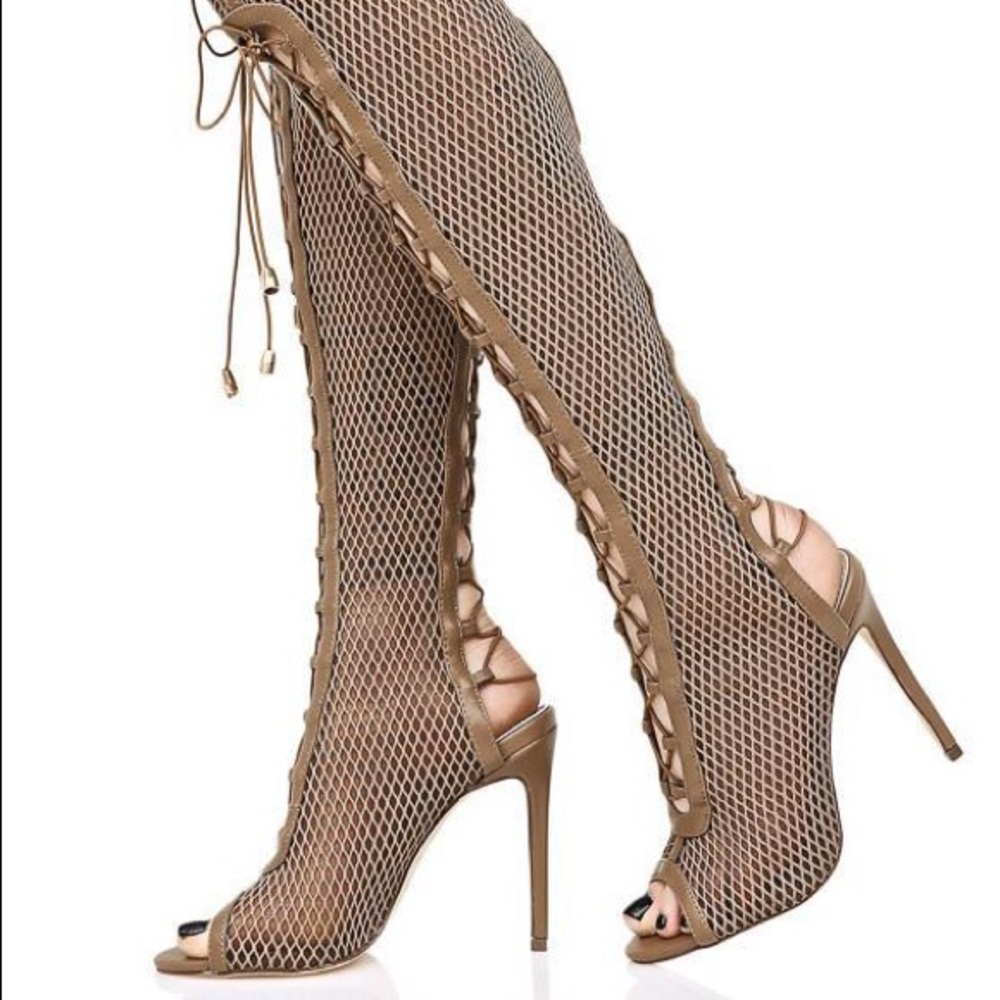 Taupe mesh thigh high sandal heels